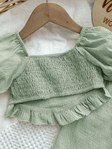 SHEIN 女婴夏季可爱纯色短袖上衣和裤子套装 - 薄荷綠 - 查看 4