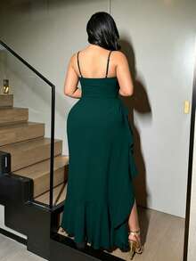 NU&NOW Plus Size Spaghetti Strap High Slit Ruffle Hem Red Party Dress - Green - View 5