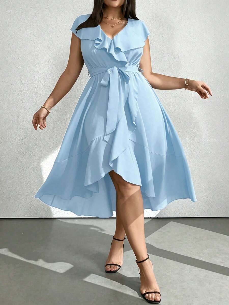 Vionelle Plus Size Solid Color V-Neck Ruffle Trim Party Dress Maxi Women Outfit - Baby Blue - View 1