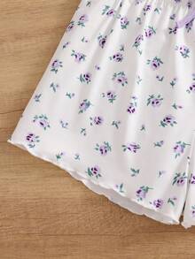 Women's Lace Trim Ribbed Camisole And Ditsy Floral Shorts Casual Knit Pajama Set - Purple - View 7