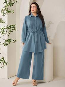 Modelyn 大码女式纯色褶皱腰带衬衫和阔腿裤休闲两件套 - 藍色 - 查看 4