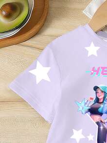 一套少女休闲时尚甜美图案五角星印花短袖圆领T恤和短裤套装，适合夏季外出、节日、上学、音乐节等场合。 - 彩色 - 查看 5