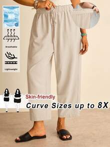 SHEIN CURVE+ Taille 22 US Curve - Festival de musique, vacances à mer, style bohème - CURVE PLUS / Pantalon fuselé décontracté à taille haute et cordon de serrage pour femme, idéal pour les vacances, l'été, les tenues champêtres décontractées, le style cowboy ou les tenues d'enseignante. - Nude - Voir 2