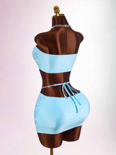 Amplova Rhinestone Decor Strapless Bodycon Mini Skirt 2 Pieces Set For Women