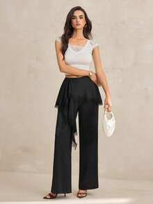 SHEIN Tall 2026 Nuevos Pantalones Anchos de Verano para Mujer con Encaje Minimalista, Parche y Volante en el Bajo, Versátiles y Cómodos para el Día a Día - Negro - Ver 1