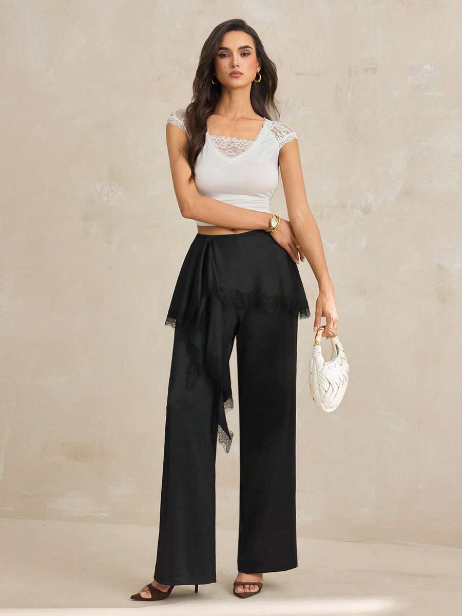 SHEIN Tall 2026 Nuevos Pantalones Anchos de Verano para Mujer con Encaje Minimalista, Parche y Volante en el Bajo, Versátiles y Cómodos para el Día a Día - Negro - Ver 1