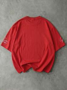 SUMWON Oversized Crew Neck Short Sleeve Tee With Bold Numeric Front Print And Signature Script Sleeve Detail - Red - View 2