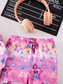SHEIN 两件套少女卡通印花针织无袖上衣和喇叭裤休闲套装 - 紫色 - 查看 8