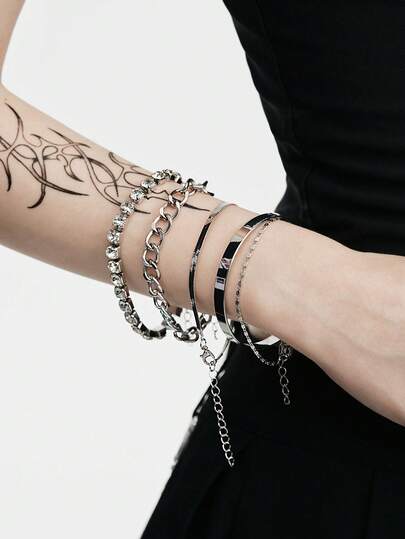 MortiRose 5pcs/Set Bohemian Style Golden Bangle Bracelets, Beaded Chain Layered Bracelet, Party Jewelry Gift For Women