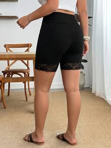 Enliva Plus-Size Summer Casual Stretch Leggings, Lace-Trimmed Five-Point Cycling Shorts, Summer Cooling Fabric Leggings, For Apple And Rounded Body Shape - Black - View 2