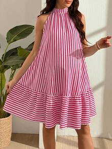 SHEIN Striped Print Sleeveless Spaghetti Strap Swing Dress - Hot Pink - View 4