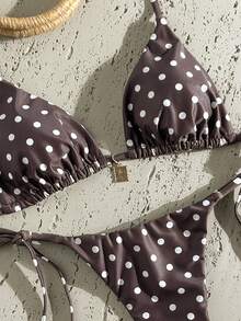 Swim Mod Conjunto de bikini de 2 piezas con tirantes de espagueti, decoración metálica y estampado aleatorio para mujer, ideal para primavera y verano - Multicolor - Ver 4