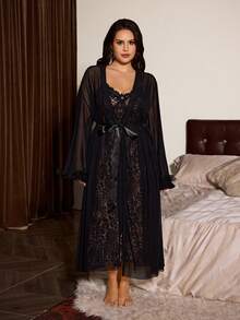 Slumberist Mature Leopard Print Sheer Mesh Lace Crisscross Backless Sexy Plus Size Women Slip Dress + Black 3D Mesh Sleeve Plus Size Robe 2 Piece Set - Multicolor - View 5