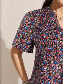 Comfylo 大码休闲度假碎花花瓣袖衬衫 女士夏季服装 女士优雅夏季服装 女士夏季套装 女士夏季魅力装扮 女士端庄衬衫 - 紅色 - 查看 6