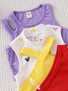 Set de 4 piezas de chaleco de punto de unicolor con patrón de corazón para niña - Rojo - Ver 6