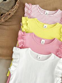 LMoss Kids 4pcs/Set Young Girl Casual Solid Color T-Shirts - Multicolor - View 4