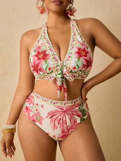 Travachic Bộ bikini hai mảnh cỡ lớn dành cho nữ, kiểu cổ yếm, in họa tiết hoa, chất liệu co giãn ôm sát, thích hợp cho kỳ nghỉ biển mùa xuân/hè.