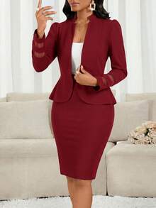 SHEIN Lady Bộ 2 món áo dài tay và chân váy công sở tối giản màu đỏ tía dành cho nữ, thích hợp cho mùa thu/đông. - Màu Đỏ Sâu - Xem 10