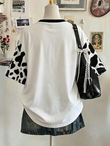 Lalippa Cow Print Digital Graphic Oversized Loose Mid-Length Round Neck Drop Shoulder Women T-Shirt, Gift For Friends - Multicolor - View 2
