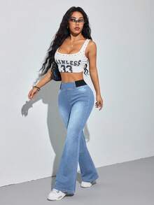 SHEIN PETITE Calça Denim Azul Skinny Flare Feminina, Confortável, Jeans de Alta Elasticidade, Estilo Sereia, para Verão e Escritório, para Mulheres Petite - Lavagem clara - Visão 5
