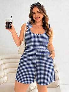 Solflare Plus Size Vacation Style Tie-Up Bow Jumpsuit, Spring/Summer - Blue - View 3