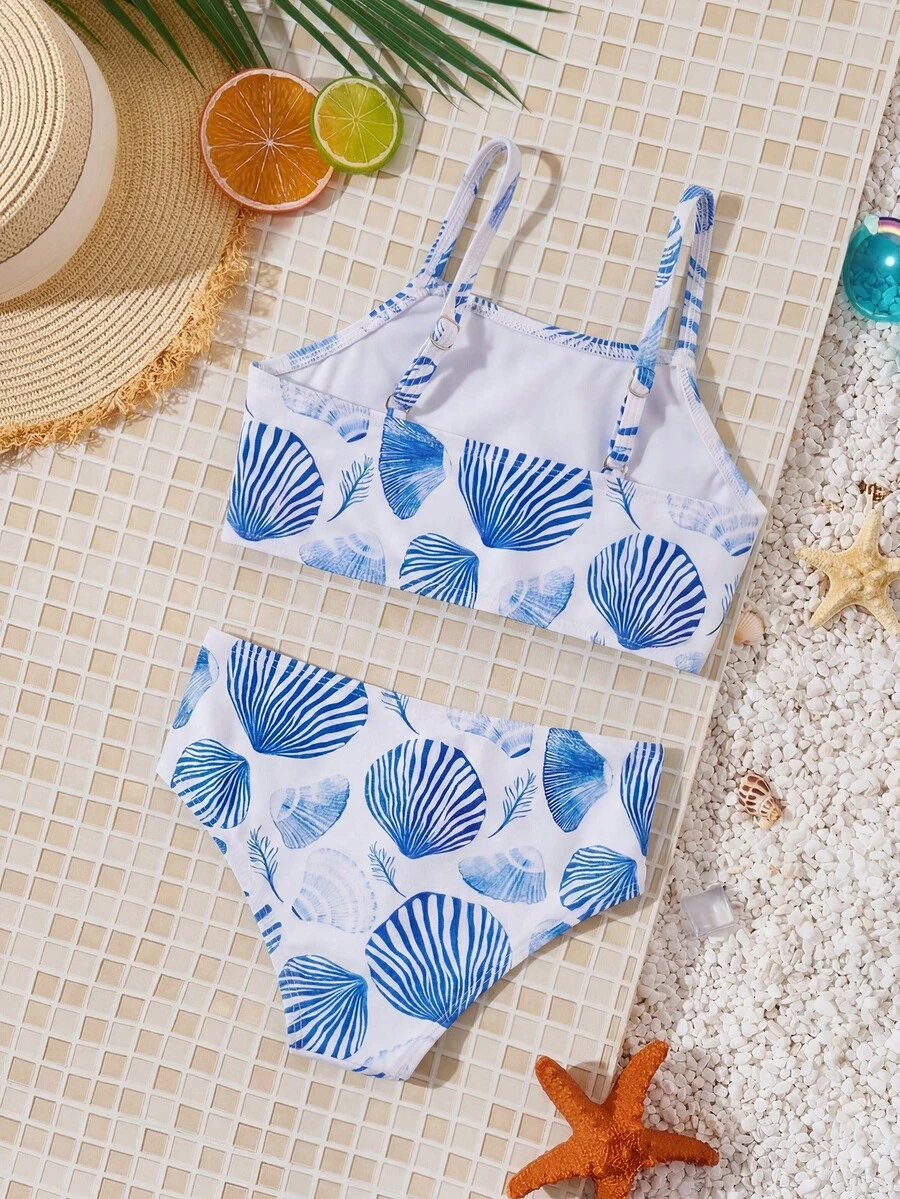 SHEIN Conjunto de traje de baño con estampado de conchas para niña - Azul y blanco - Ver 1