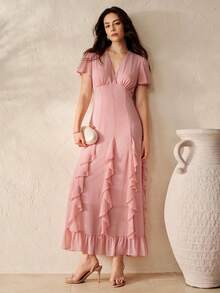SHEIN Zanirela Vestido de mujer con cuello en V, volantes, cintura ceñida, sexy, romántico, estilo francés, elegante, cola de pez, para vacaciones, verano, rosa empolvado, brunch - Rosa - Ver 5