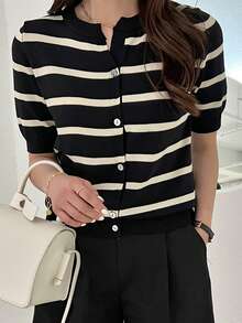 DAZY Striped Button Front Cardigan,Short Sleeve Tops,Fall Clothes - Black - View 5