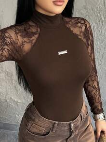 Dayanna Comas Women's Spring/Summer Music Festival Party Breathable Mesh Stretchy Bodysuit Jumpsuits,Valentine's Day - Brown - View 5
