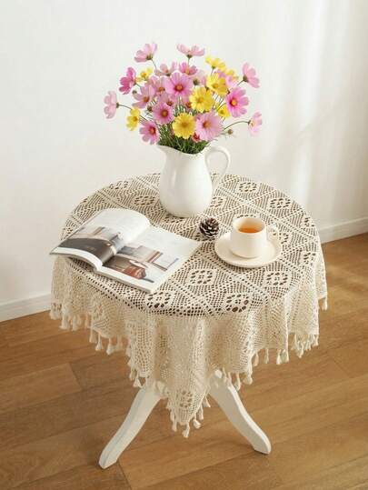Cirelle 1pc Boho Crochet Round Tablecloth, Vintage Knit Hollow Out Table Cover With Tassels, Rustic Macrame Tablecloth For Dining Room, Kitchen, Cafe Decor