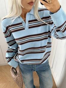 SHEIN EZwear 女士条纹长袖高领休闲宽松毛衣 - 彩色 - 查看 5