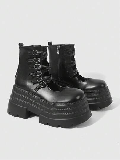 ROMWE Grunge Punk 10cm超ハイヒール レディースサンダル ダークPU厚底マフィンショートブーツ サマー ホロー ベルトバックル ブリティッシュスタイル クールブーツ 通気性ブーツ