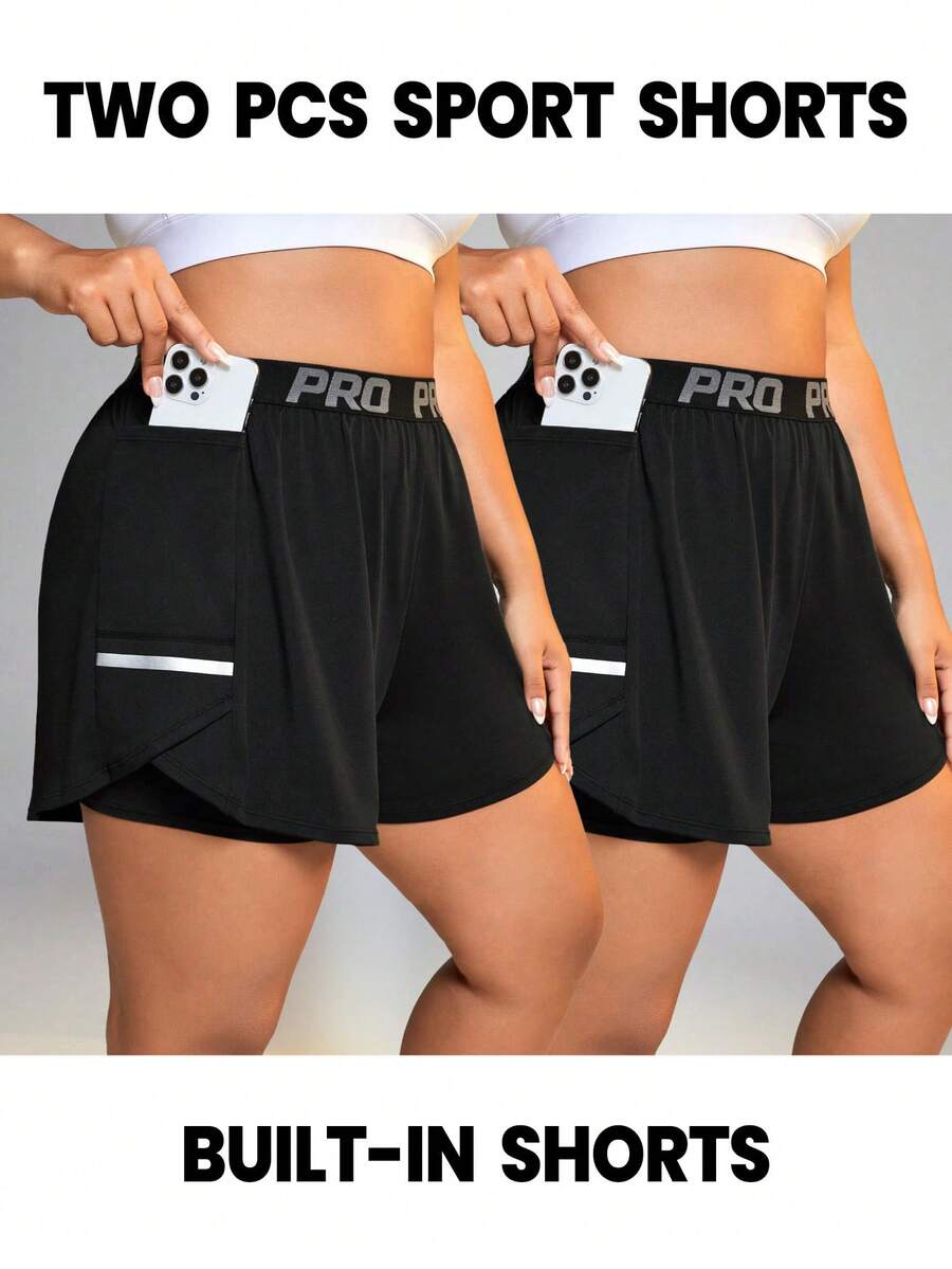 SHEIN Rhythm Era Plus Size Women Letter Print Pocket Casual Versatile Daily Wear Sports Shorts - Black - View 1