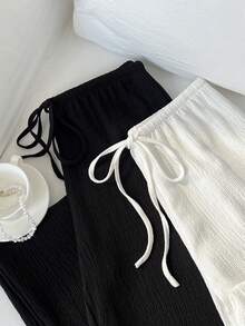 SHEIN Unity 夏季新款经典黑白撞色，简约休闲通勤风，百搭法式时尚宽松直筒裤，女士 - 黑與白 - 查看 4