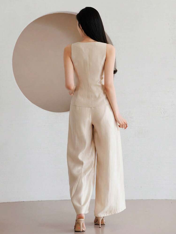 2pcs Women's Waist Cinching Vest Top And High Waist Pleated Wide Leg Pants Set, Spring & Summer