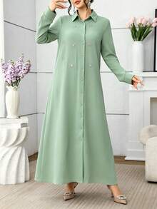 Al Najma Gaun Wanita Model Longgar Gaya Prancis Elegan Vintage Warna Burgundy dengan Hiasan Berlian Imitasi pada Kerah. - Hijau - View 7