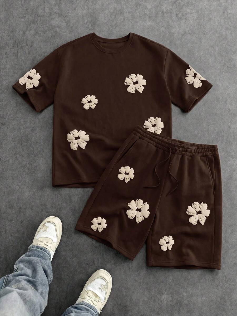 SWAVVY Men's Pattern Print Solid Color Short Sleeve T-Shirt And Shorts - Coffee Brown - View 1