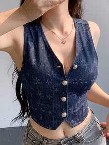 Livesso 女款無袖牛仔背心，寬鬆商務休閒復古水洗藍條紋設計，優雅通勤辦公穿搭，適合春夏度假 - 中等水洗藍 - 查看 3