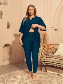 SHEIN Swim 大尺碼女款 2 件式泳衣套裝，短袖上衣與長褲，海灘派對度假布基尼，淺藍色，夏季 1920 年代風，柔軟修身，保守端莊 - 藍色 - 查看 6