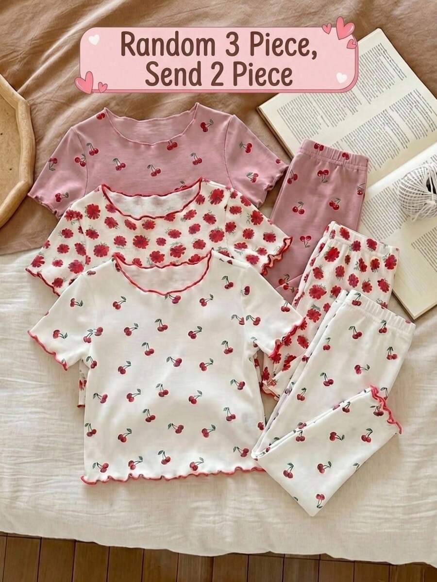Pijama de niña bebé con estampado de dibujos animados y volantes en el bajo, conjunto de varias piezas, adecuado para el verano - Multicolor - Ver 1