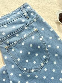 SHEIN Tall Quần jeans ống rộng cạp cao in chấm bi dành cho nữ, kiểu dáng thường ngày và phù hợp cho phong cách đường phố mùa hè. - Rửa nhẹ - Xem 4