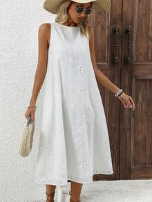 Faunlyn Round Neck Hollowed-Out Embroidered Long Dress With Pockets - White - View 3