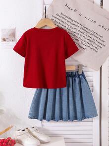 Elladie kids Set de 2 piezas para niñas jóvenes que incluye: Camiseta de manga corta roja con bordado de lazo y falda plisada de mezclilla azul, conjunto de moda casual de verano para niños - Rojo - Ver 5