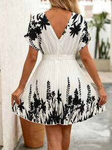 Clasi Vestido de verano casual de unicolor con mangas de murciélago y dobladillo plisado para mujeres - Multicolor - Ver 7