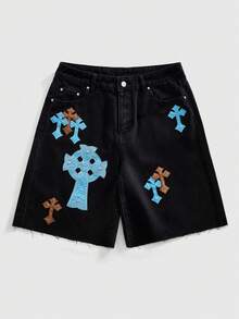 ROMWE MEN Pantalones cortos de mezclilla con bordado de cruz, corte holgado para hombre - Negro - Ver 1