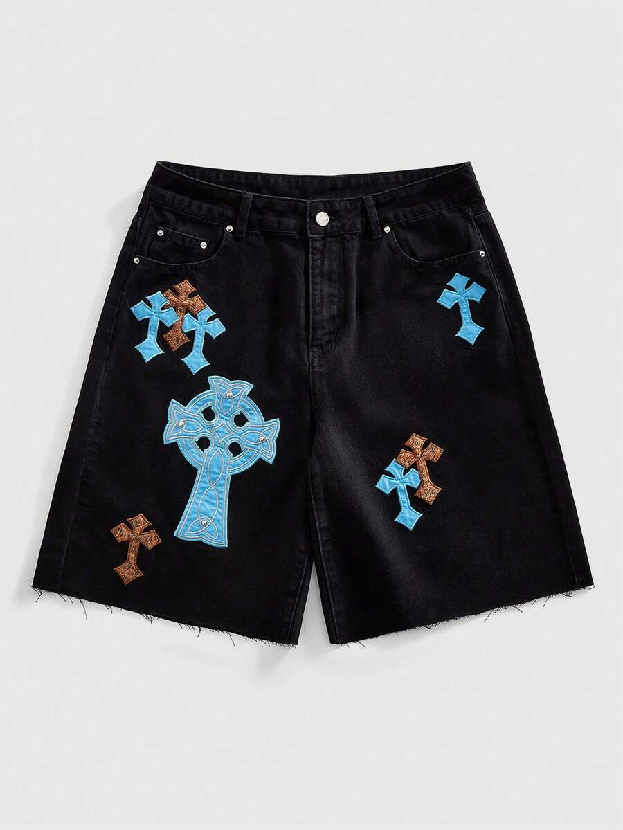 ROMWE MEN Pantalones cortos de mezclilla con bordado de cruz, corte holgado para hombre - Negro - Ver 1