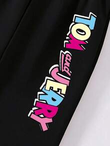 TOM & JERRY X SHEIN GraphicGems 少女休闲卡通字母印花短袖T恤和喇叭裤套装，适合春、夏、秋季穿着。 - 紫色 - 查看 4
