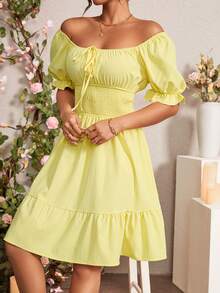 Rafferiza Solid Color Square Neck Ruffle Hem Short Sleeve Dress - Light Yellow - View 4