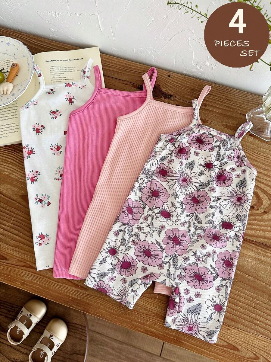 SHEIN LMoss Kids 4件套女婴针织纯色和碎花吊带连体衣套装 - 彩色 - 查看 1
