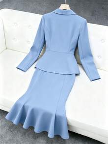 Modelyn 大码纯色立领长袖优雅褶皱花卉装饰时尚套装 - 霧霾藍 - 查看 2